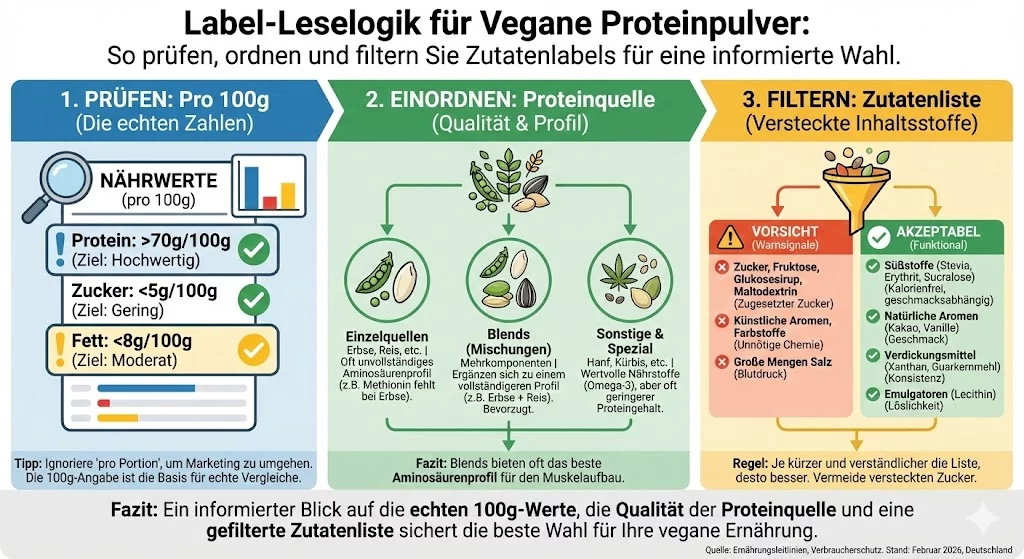 Infografik: Label-Leselogik für vegane Proteinpulver – pro 100 g prüfen, Proteinquelle einordnen, Zutatenliste filtern.
