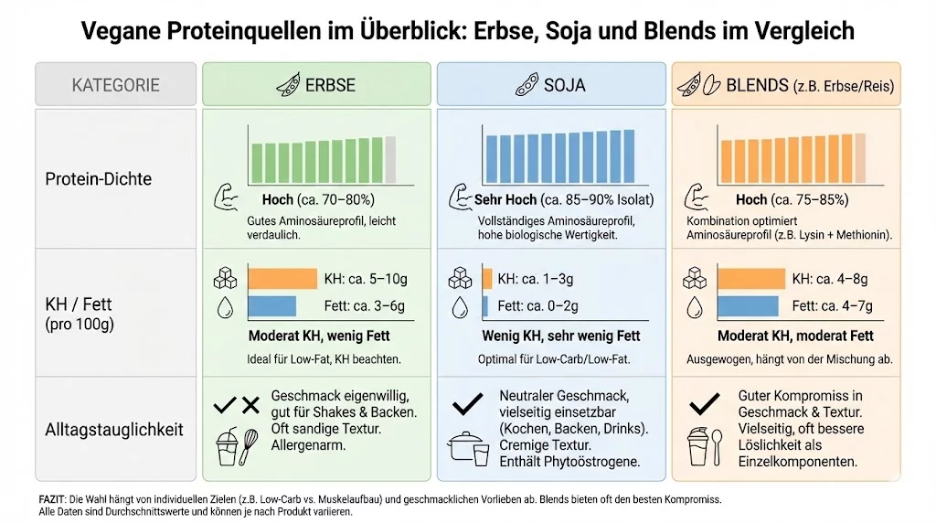 Infografik: Vegane Proteinquellen im Überblick – Erbse, Soja und Blends im Vergleich nach Protein-Dichte, KH/Fett und Alltagstauglichkeit.