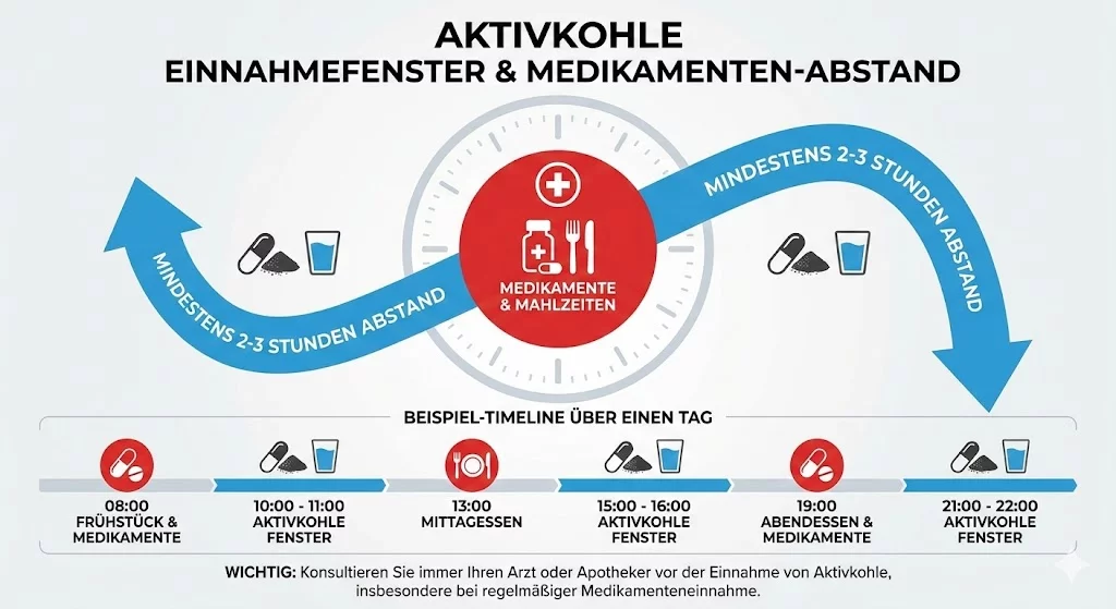 Infografik: Aktivkohle Einnahmefenster – Abstand zu Medikamenten, Beispiel-Timeline über einen Tag.
