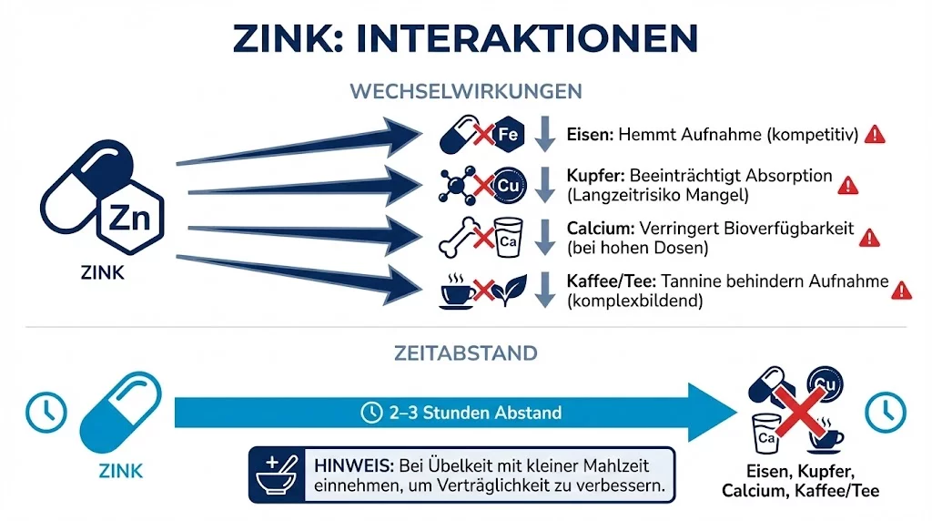 Infografik: Zink Interaktionen – Abstand zu Eisen, Kupfer, Calcium und Kaffee (2–3 Stunden empfohlen)