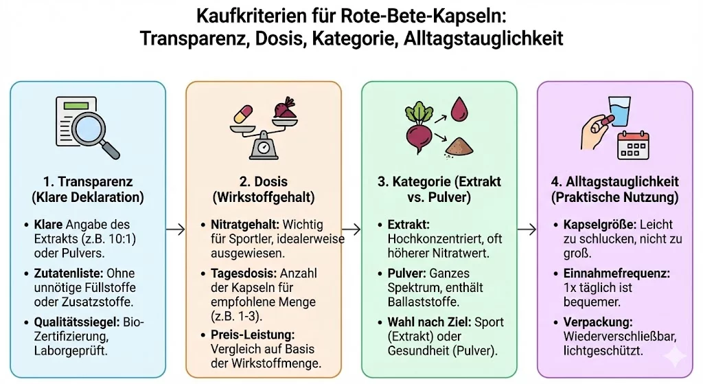 Infografik: Kaufkriterien für Rote-Bete-Kapseln – Transparenz, Dosis, Kategorie, Alltagstauglichkeit.