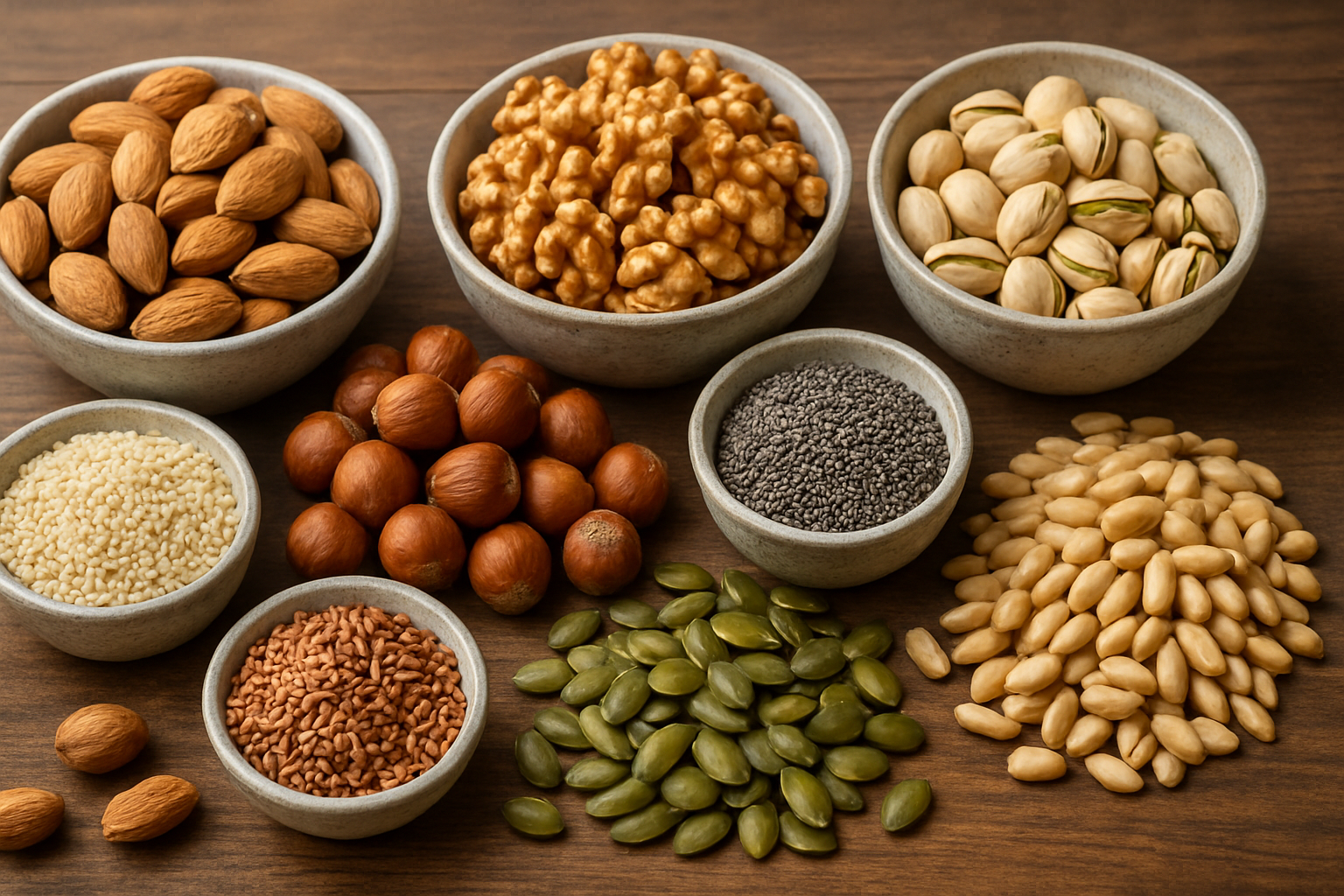 Verschiedene Nüsse, Samen und pflanzliche Omega 3 Quellen