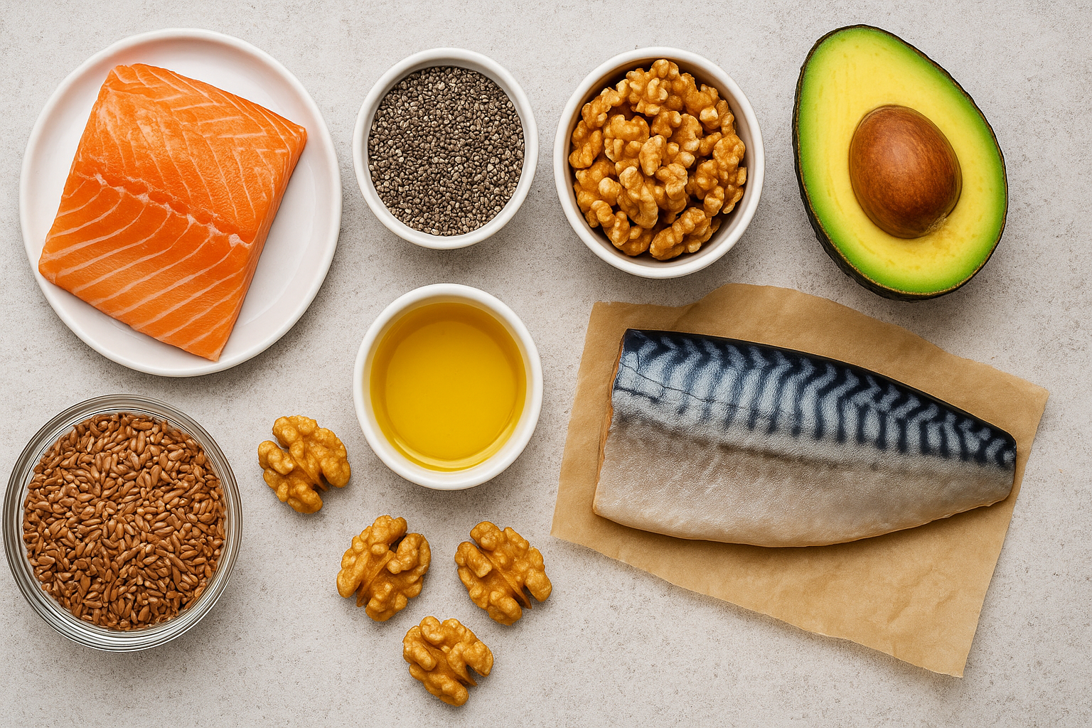 Verschiedene Portionsgrößen von Omega 3 reichen Lebensmitteln