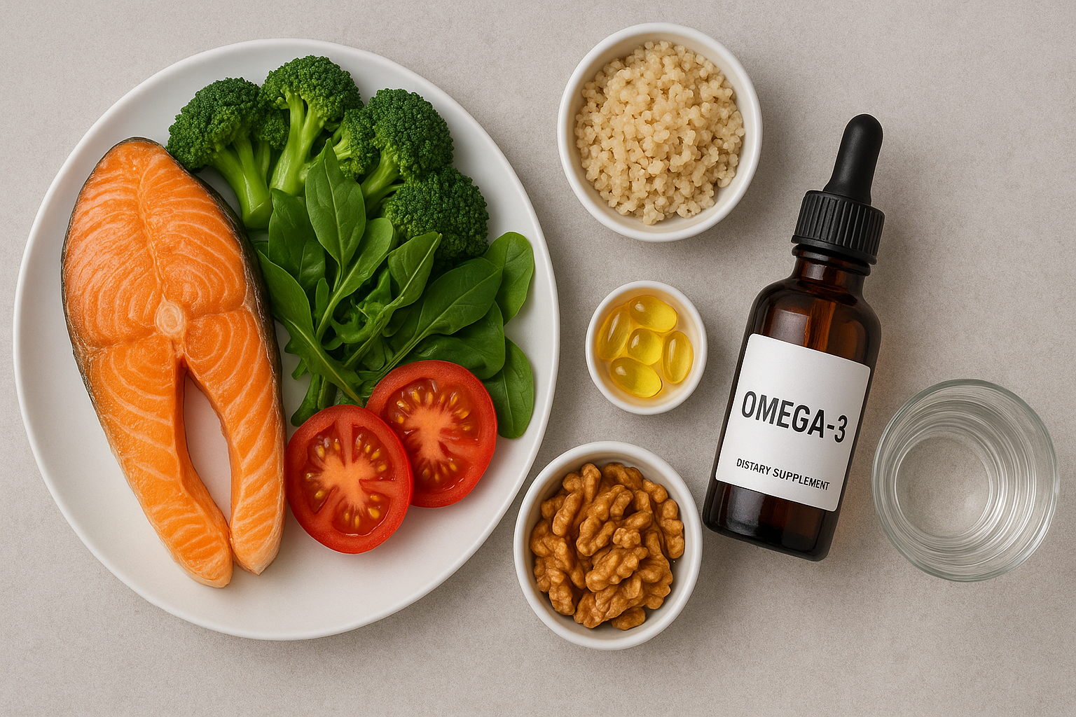 Gesunde Mahlzeit mit Omega 3 reichen Lebensmitteln und Supplementen