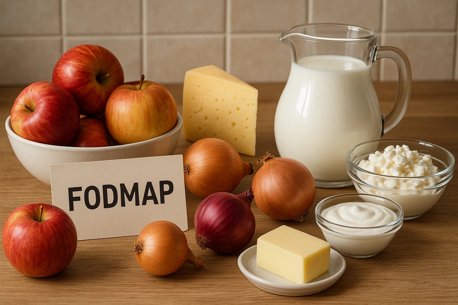 Detaillierte Darstellung verschiedener FODMAP-haltiger Lebensmittel wie Äpfel, Zwiebeln und Milchprodukte auf einem Küchentisch arrangiert