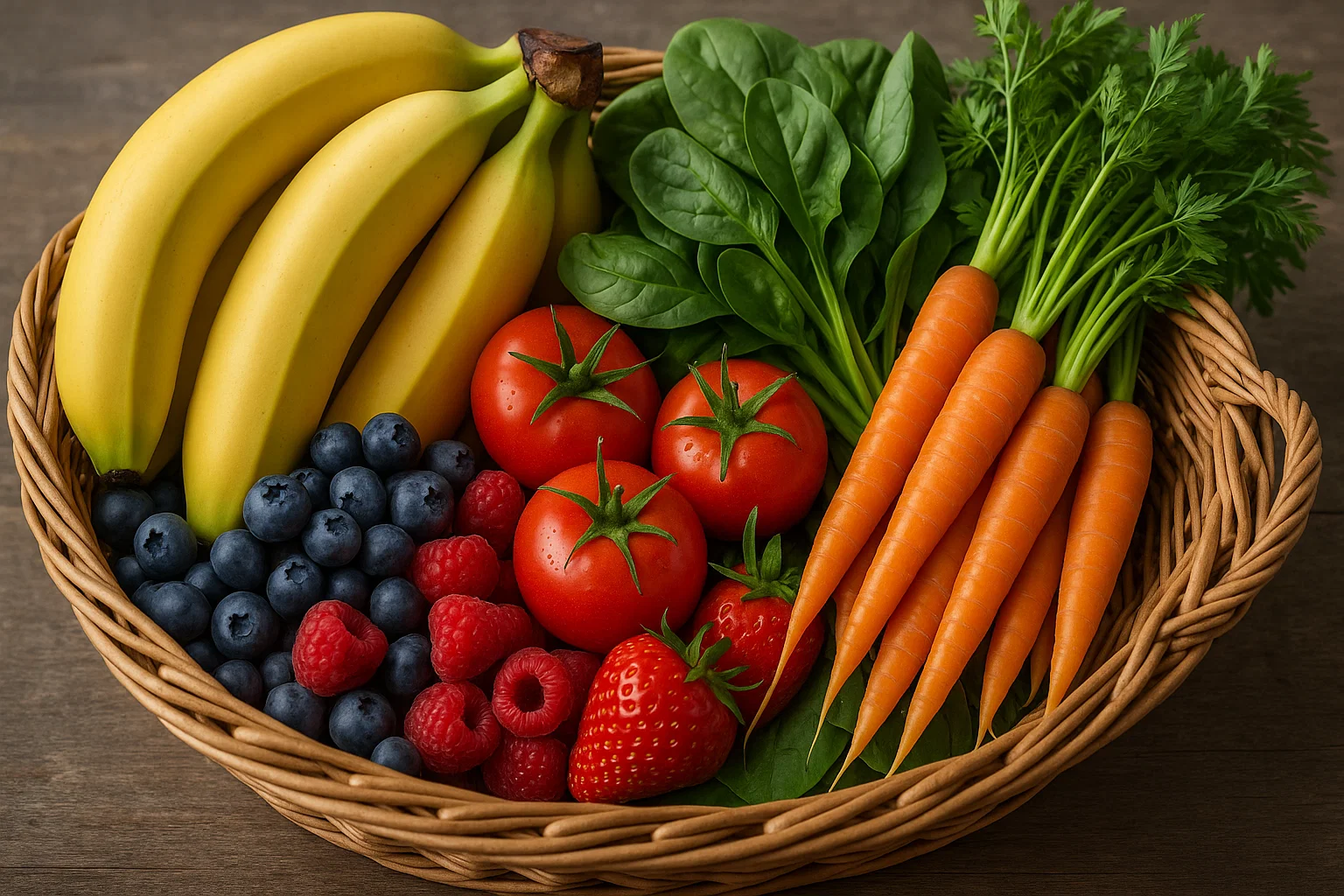 Bunte Auswahl an Low-FODMAP-geeignetem Obst und Gemüse: Bananen, Beeren, Karotten, Spinat und Tomaten in einem Korb