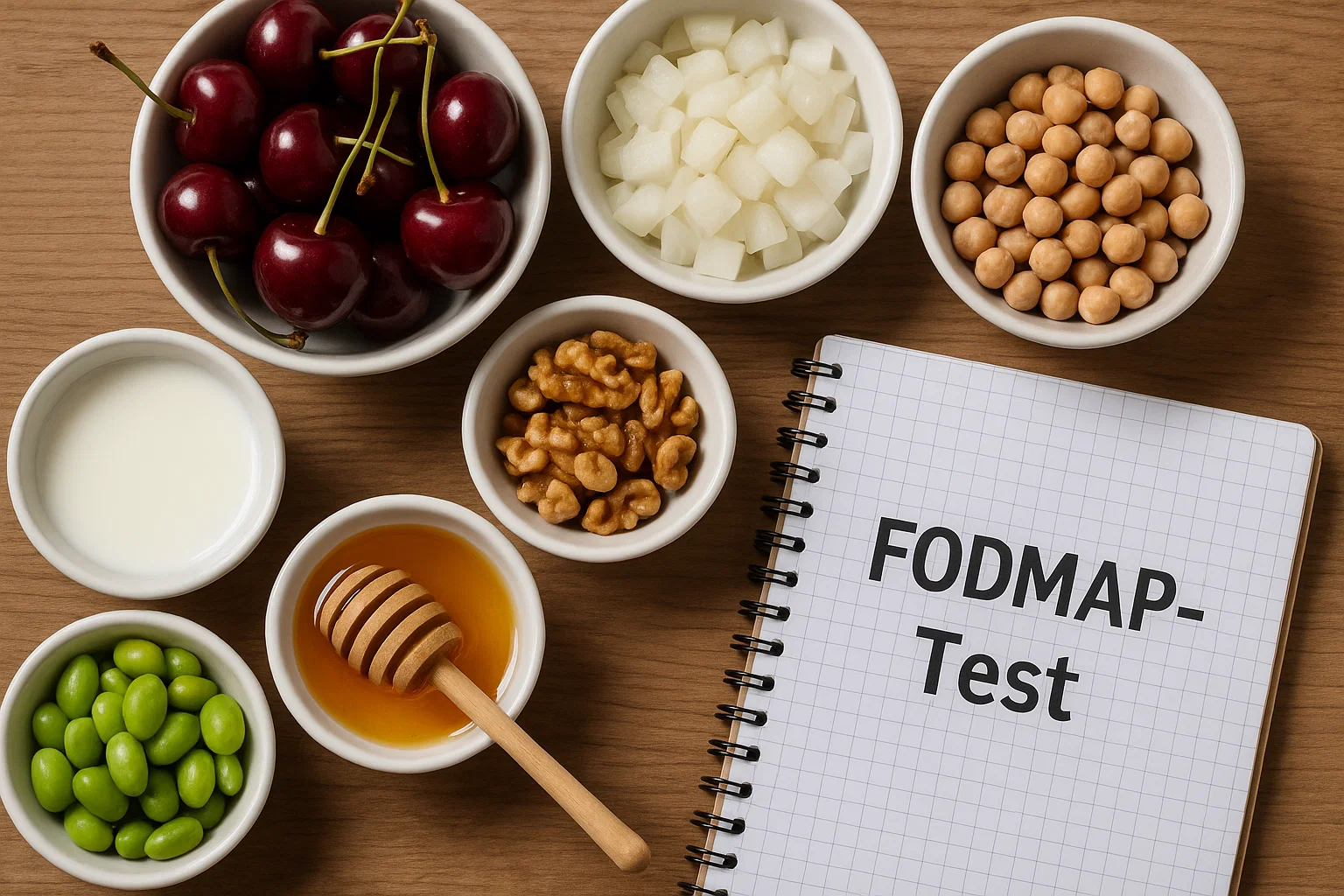 Verschiedene FODMAP-Testlebensmittel in kleinen Schälchen arrangiert: Milch, Honig, Kirschen und andere Testsubstanzen mit Notizbuch