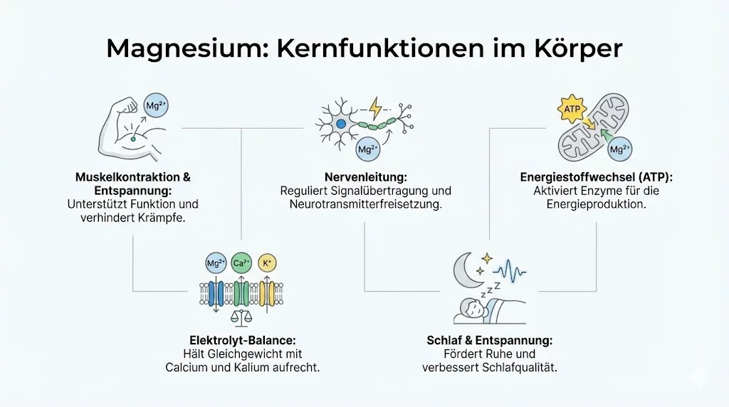 Infografik: Magnesium – Kernfunktionen im Körper (Muskel, Nerven, Energiestoffwechsel, Elektrolyt-Balance, Entspannung)