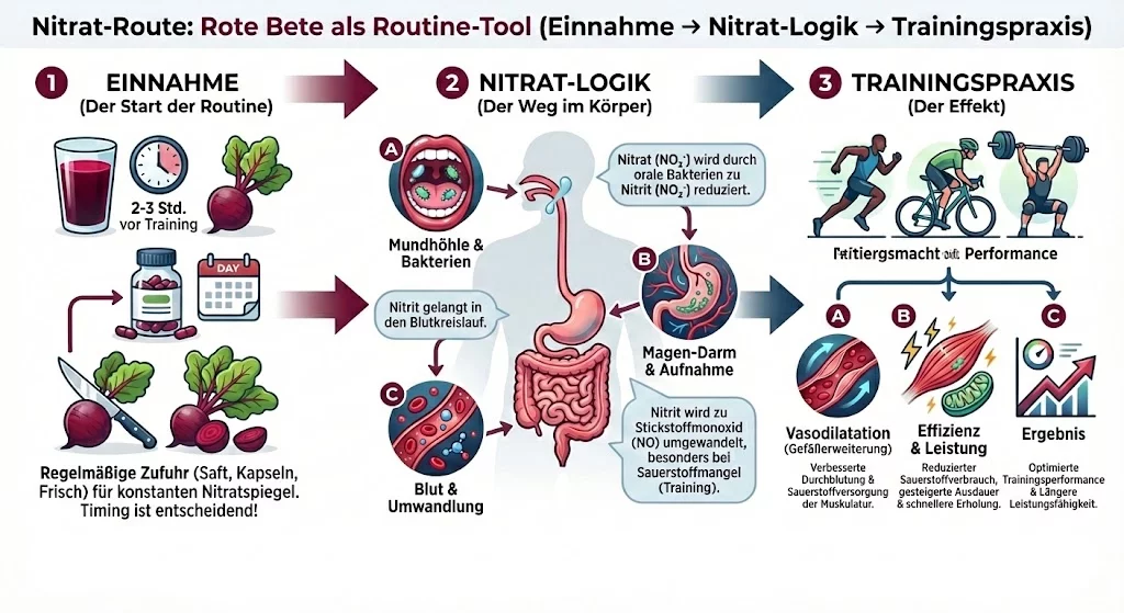 Infografik: Nitrat-Route – Rote Bete als Routine-Tool (Einnahme → Nitrat-Logik → Trainingspraxis).
