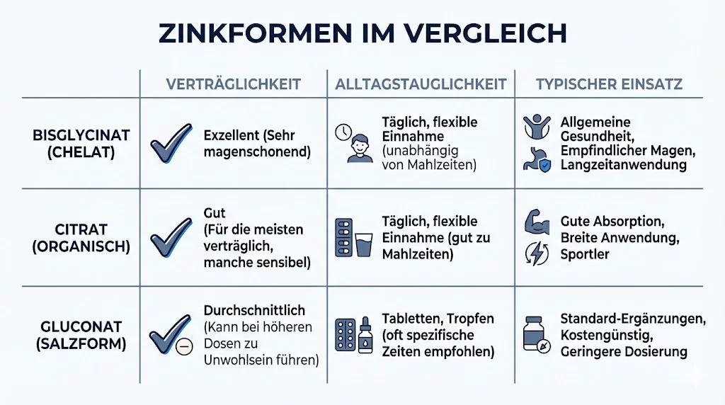 Infografik: Zinkformen im Vergleich (Bisglycinat, Citrat, Gluconat) – Verträglichkeit, Alltagstauglichkeit, typischer Einsatz