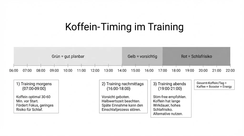 Infografik: Koffein-Timing – Zeitstrahl von Morgen bis Abend mit Risiko-Zonen für Schlaf und Nervosität.