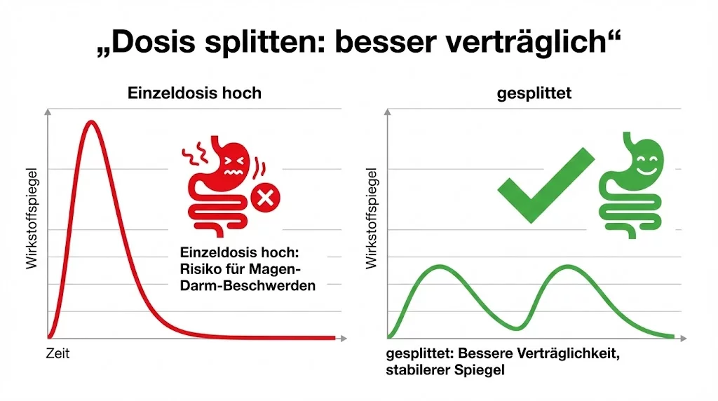 Infografik: Dosis splitten – bessere Verträglichkeit durch zwei kleinere Einnahmezeitpunkte statt einer hohen Einzeldosis