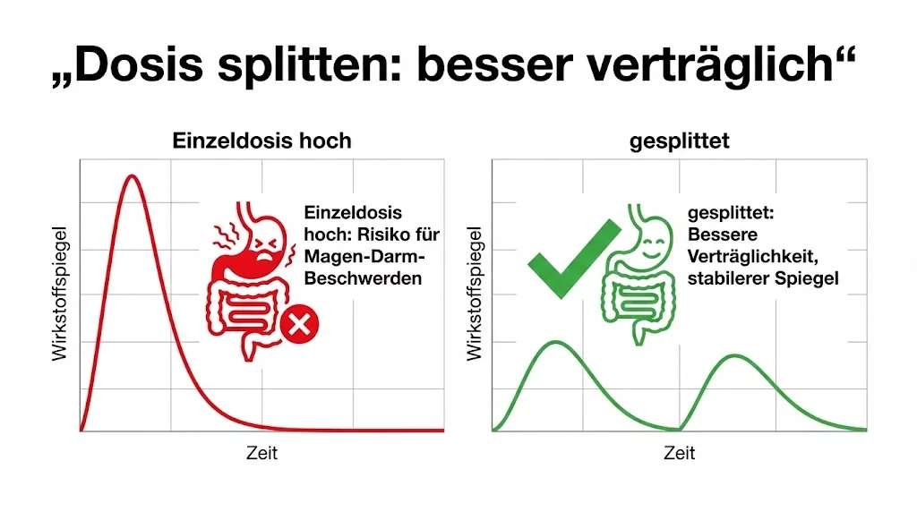 AI Prompt: Minimalistische Swiss-Style Vektor-Infografik auf reinweißem Hintergrund, strenges Grid, schwarze/anthrazit Typografie, keine Logos, keine Marken, keine Wasserzeichen, keine Fotografie, keine 3D-Effekte, keine unlesbare Schrift. Titel oben: „Dosis splitten: besser verträglich“. Einfaches Diagramm mit zwei Szenarien: links „Einzeldosis hoch“ mit einer spitzen Peak-Kurve und Magen-Icon + Warnsymbol; rechts „gesplittet“ mit zwei kleineren Peaks, grünem Haken und Hinweis „zu Mahlzeiten“. Sehr klare Beschriftung, viel Weißraum, 4K, ultra sharp.