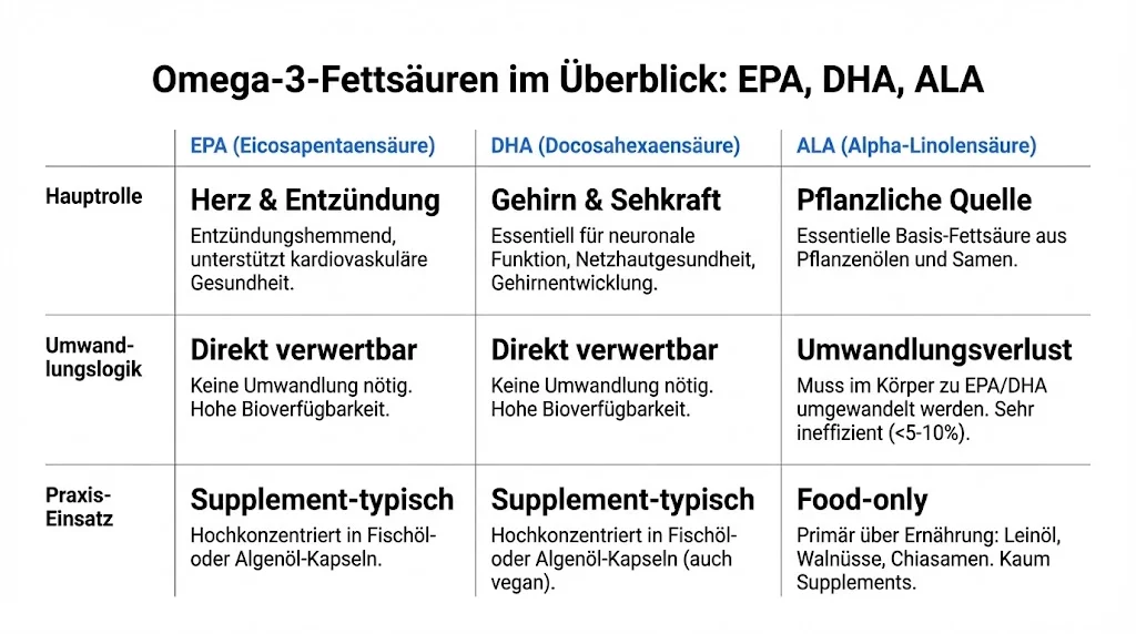Infografik: EPA vs DHA vs ALA – Unterschiede, Praxis-Einsatz und warum veganes Algenöl EPA/DHA direkt liefert.