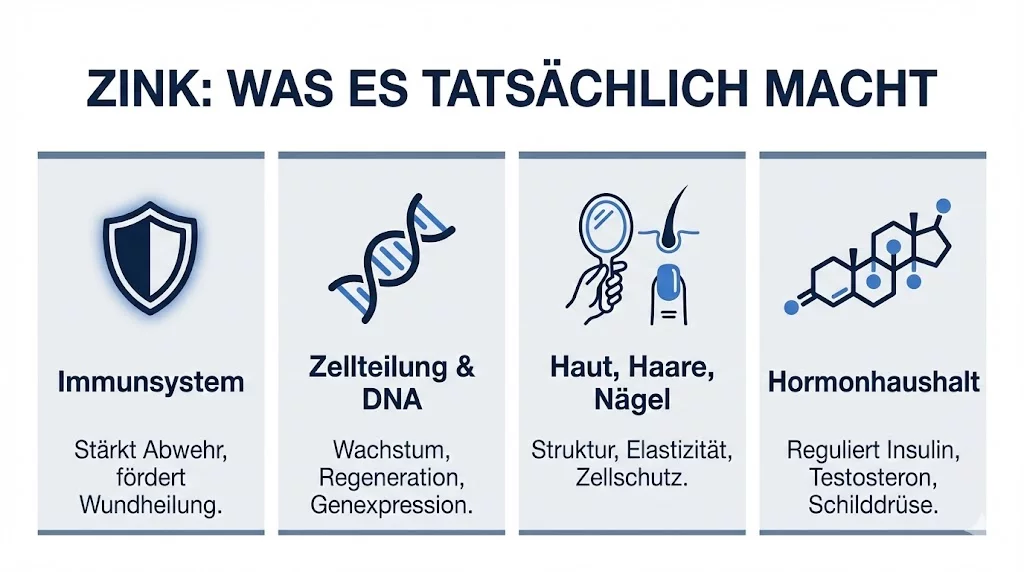 Infografik: Zink – zentrale Funktionen im Körper (Immunsystem, Zellteilung, Haut/Haare/Nägel, Hormonhaushalt)