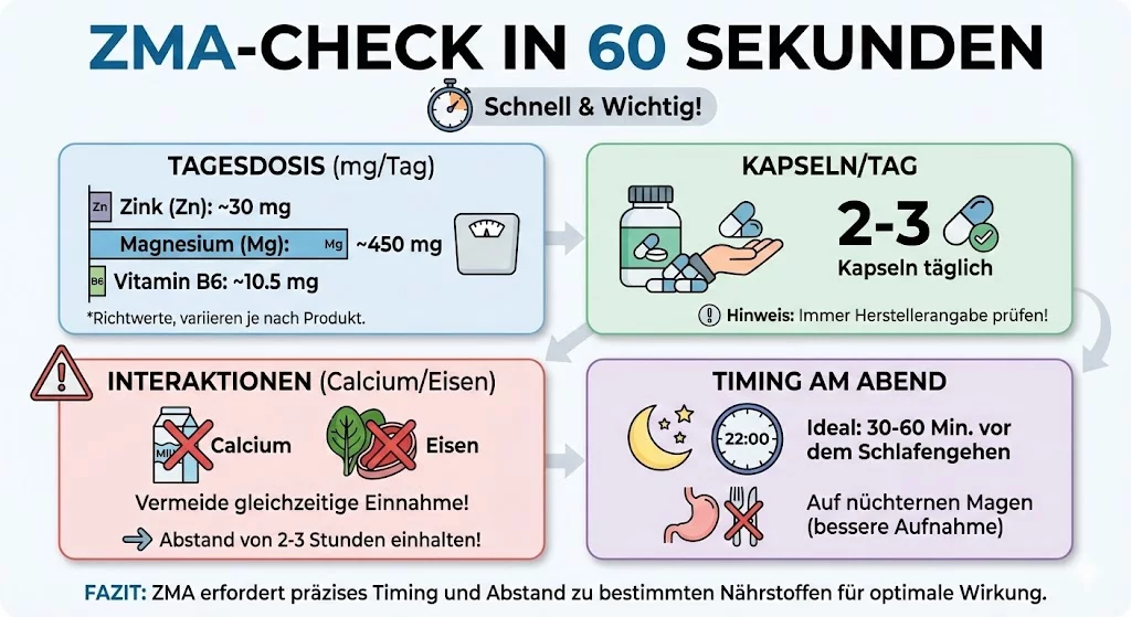 Infografik: ZMA-Check in 60 Sekunden – Tagesdosis (mg/Tag), Kapseln/Tag, Interaktionen (Calcium/Eisen), Timing am Abend.