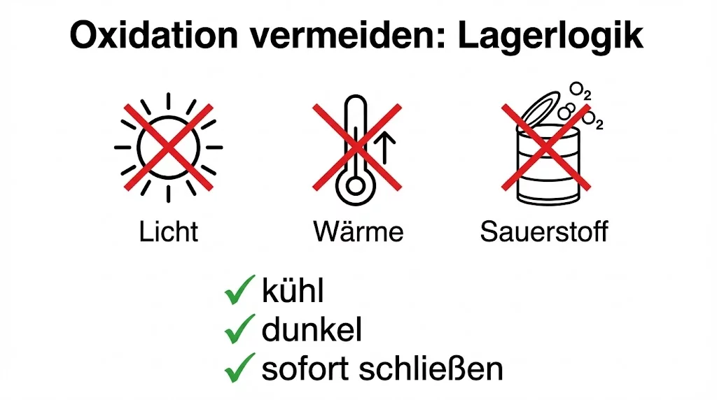 AI Prompt: Minimalistische Swiss-Style Vektor-Infografik auf reinweißem Hintergrund, strenges Raster, schwarze/anthrazit Typografie, keine Logos, keine Marken, keine Wasserzeichen, keine Fotografie, keine 3D-Effekte, keine unlesbare Schrift. Titel oben: „Oxidation vermeiden: Lagerlogik“. Drei große Icons in einer Reihe mit klaren Durchstreichungen: (1) Sonne/Licht (2) Thermometer/Wärme (3) offene Dose/Sauerstoff. Darunter eine kompakte Checkliste mit Haken: „kühl“, „dunkel“, „sofort schließen“. Viel Weißraum, saubere Kanten, 4K, ultra sharp.